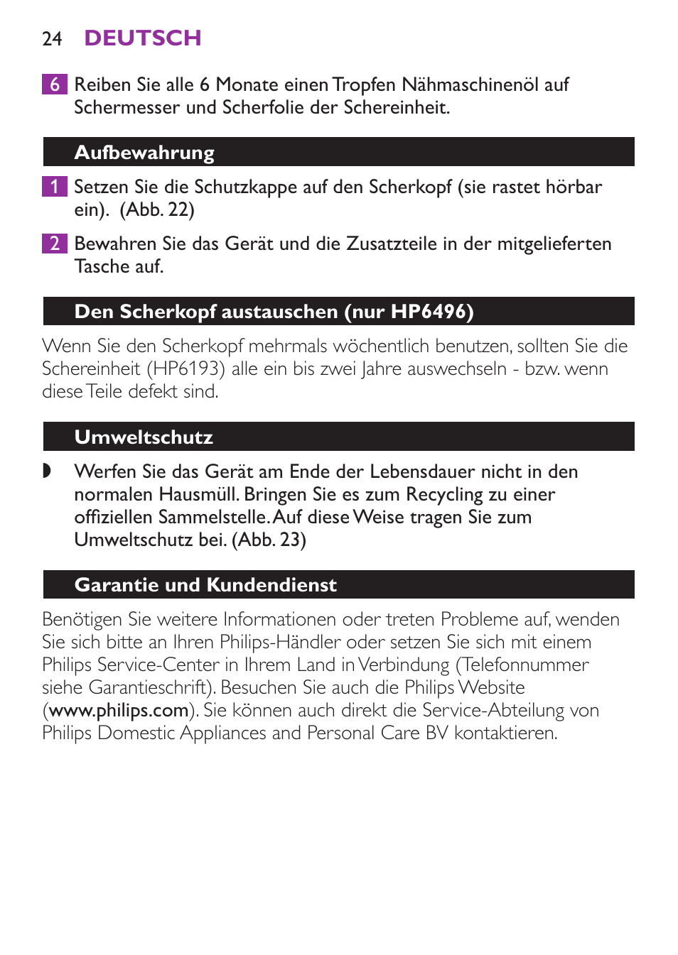 Aufbewahrung, Den scherkopf austauschen (nur hp6496), Umweltschutz | Garantie und kundendienst | Philips Satinelle Ice Depiladora User Manual | Page 24 / 128