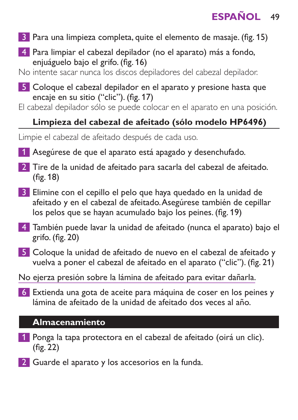 Almacenamiento | Philips Satinelle Ice Depiladora User Manual | Page 49 / 128