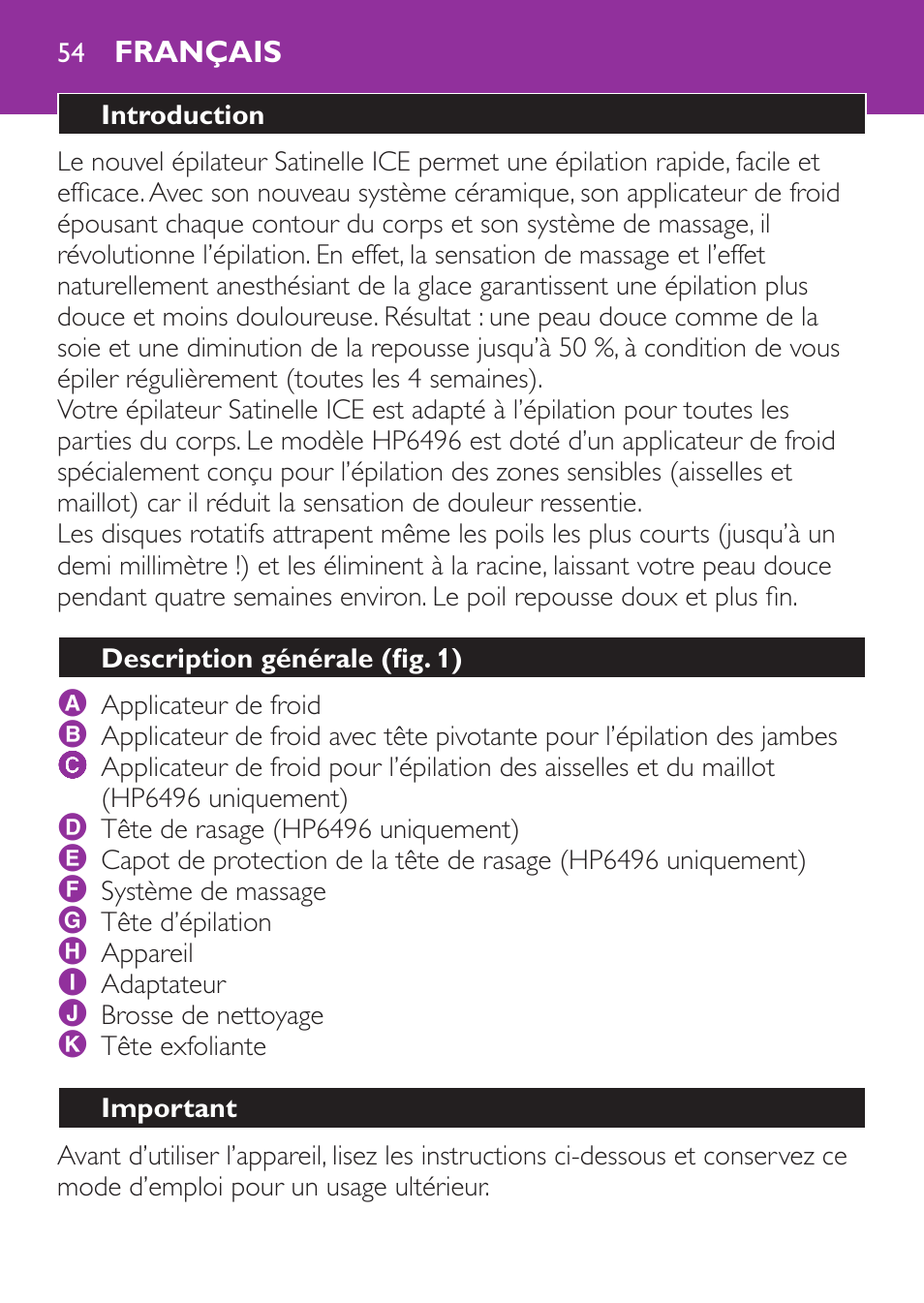 Français, Introduction, Description générale﻿ (fig. 1) | Important | Philips Satinelle Ice Depiladora User Manual | Page 54 / 128