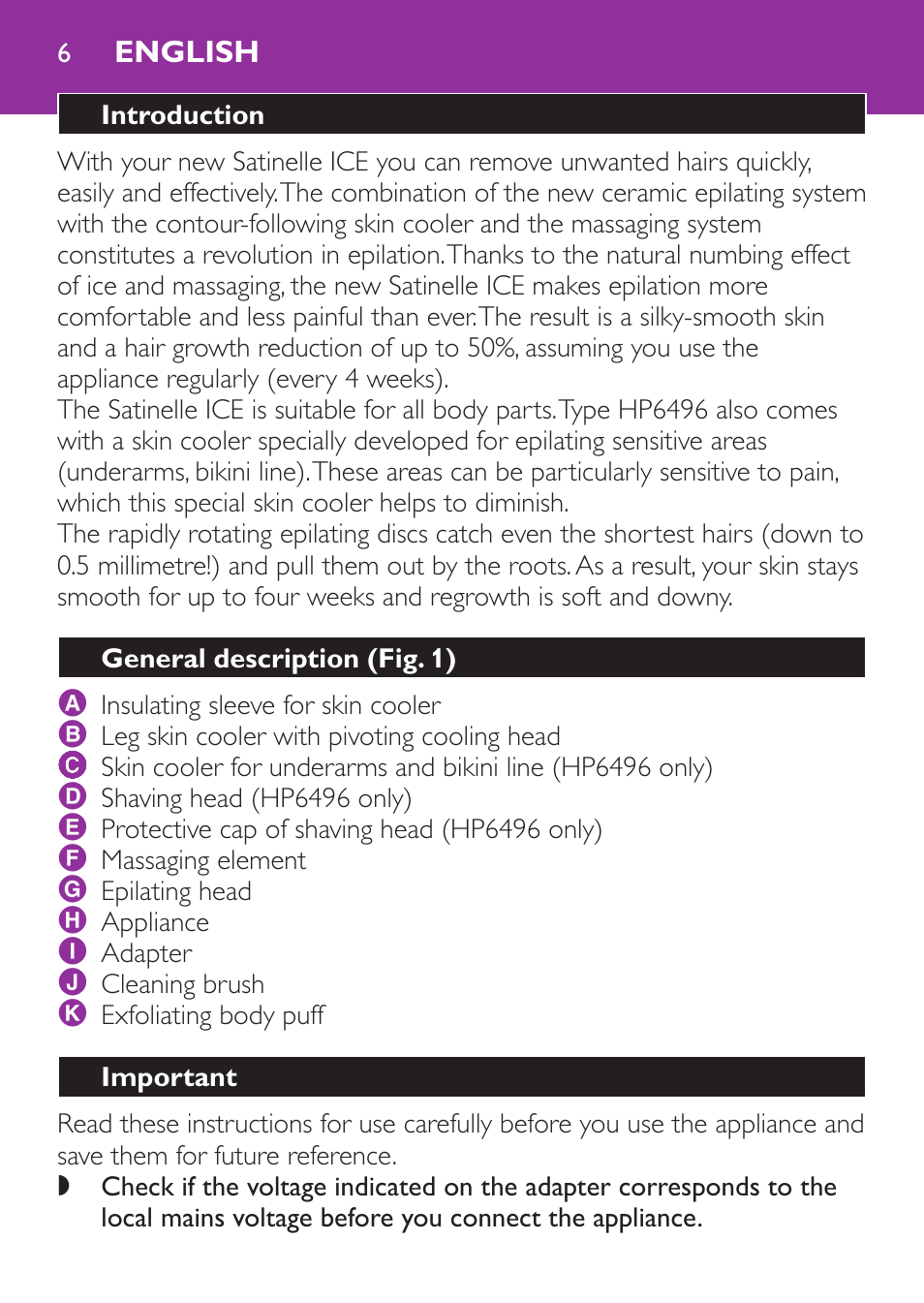 English, Introduction, General description﻿ (fig. 1) | Important | Philips Satinelle Ice Depiladora User Manual | Page 6 / 128