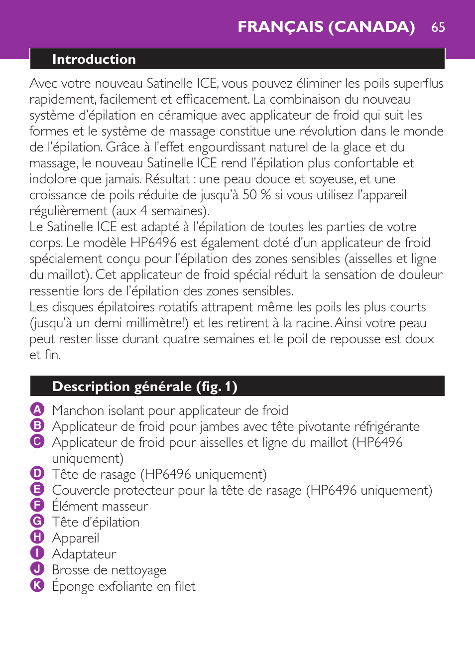 Français (canada), Introduction, Description générale﻿ (fig. 1) | Philips Satinelle Ice Depiladora User Manual | Page 65 / 128