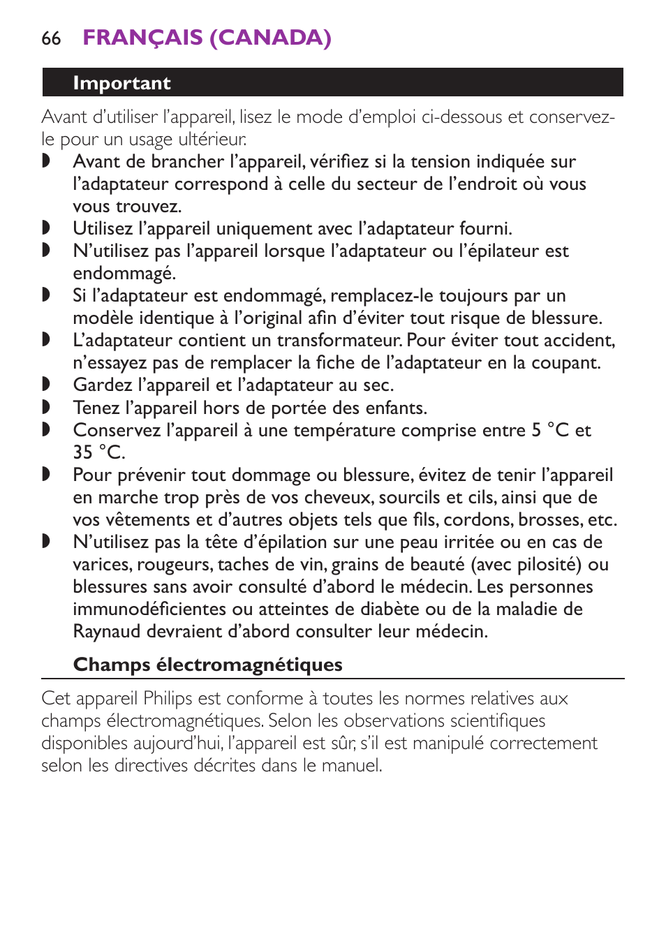 Important, Champs électromagnétiques | Philips Satinelle Ice Depiladora User Manual | Page 66 / 128