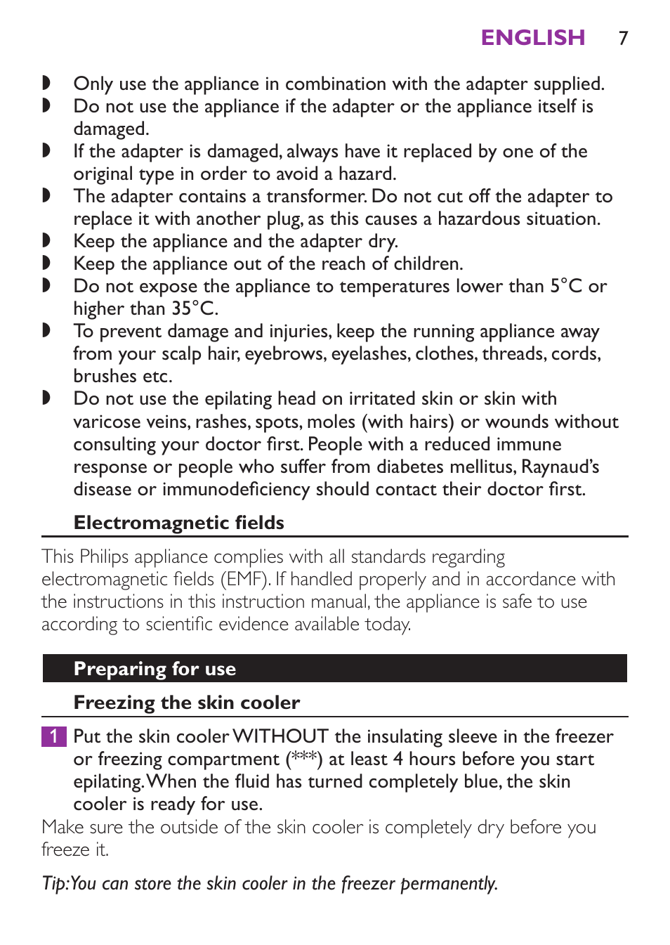 Electromagnetic fields, Preparing for use, Freezing the skin cooler | Philips Satinelle Ice Depiladora User Manual | Page 7 / 128