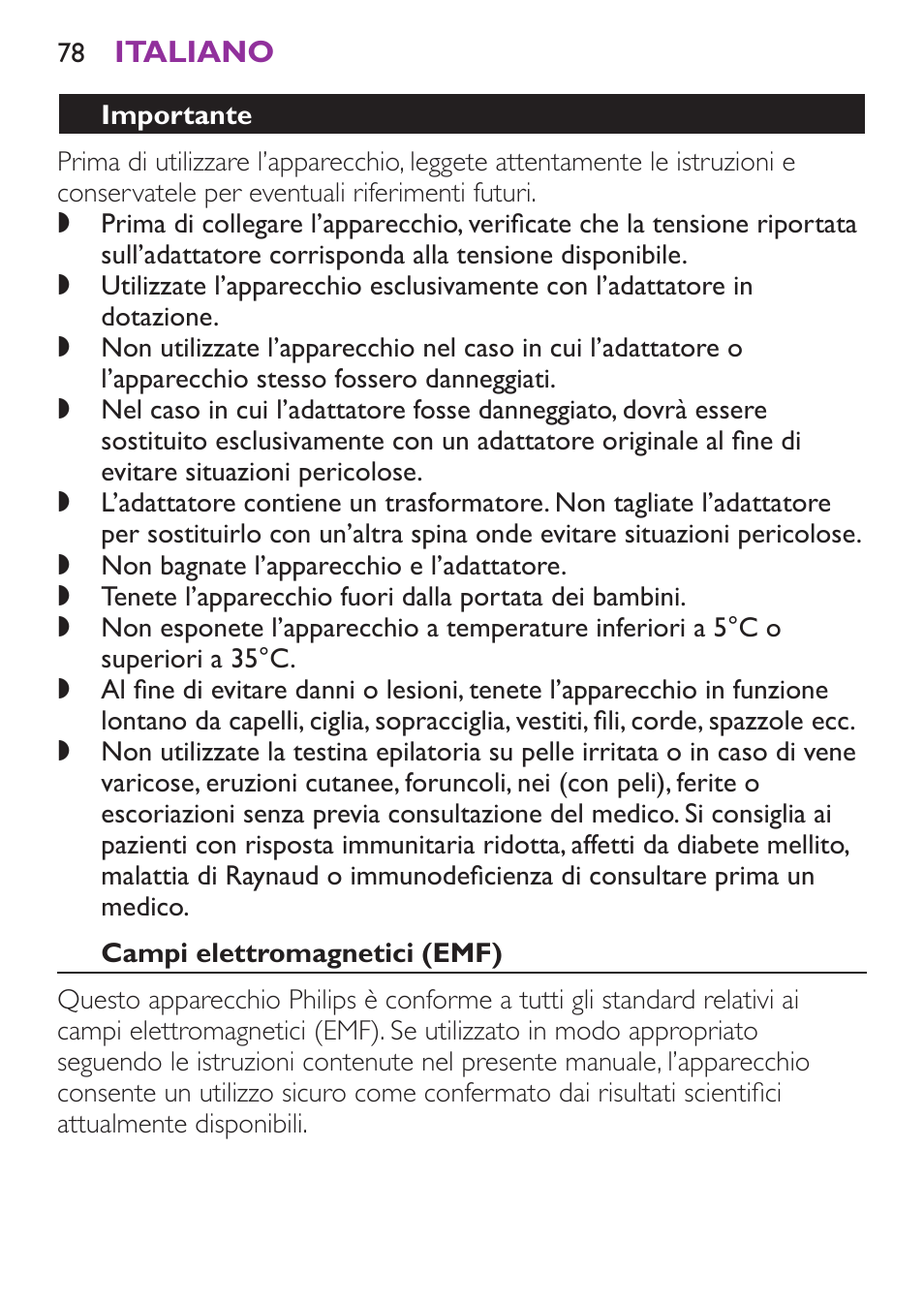 Importante, Campi elettromagnetici (emf) | Philips Satinelle Ice Depiladora User Manual | Page 78 / 128