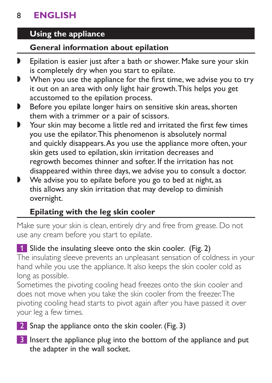 Using the appliance, General information about epilation, Epilating with the leg skin cooler | Philips Satinelle Ice Depiladora User Manual | Page 8 / 128