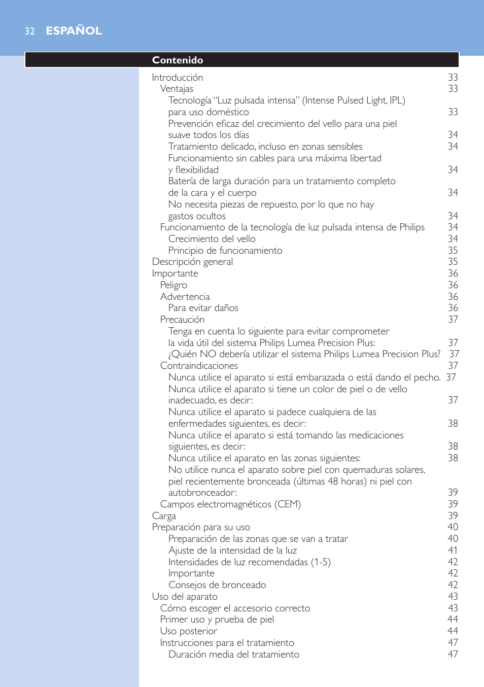 Español | Philips Lumea Precision Plus Sistema de eliminación de vello IPL User Manual | Page 32 / 90