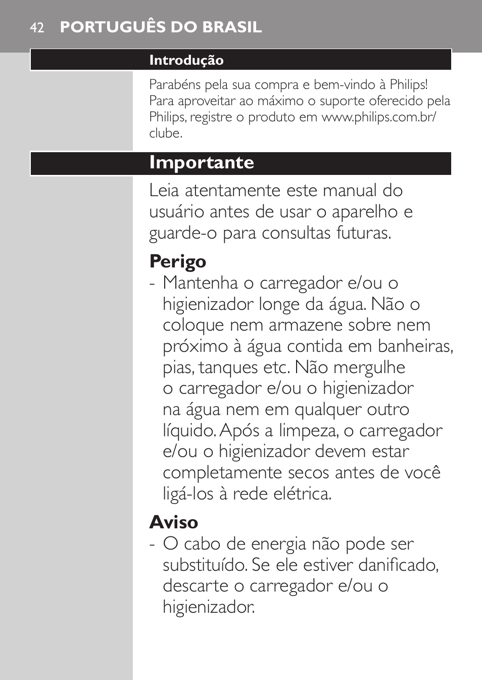 Português do brasil | Philips Sonicare FlexCare Platinum Cepillo dental recargable User Manual | Page 42 / 64