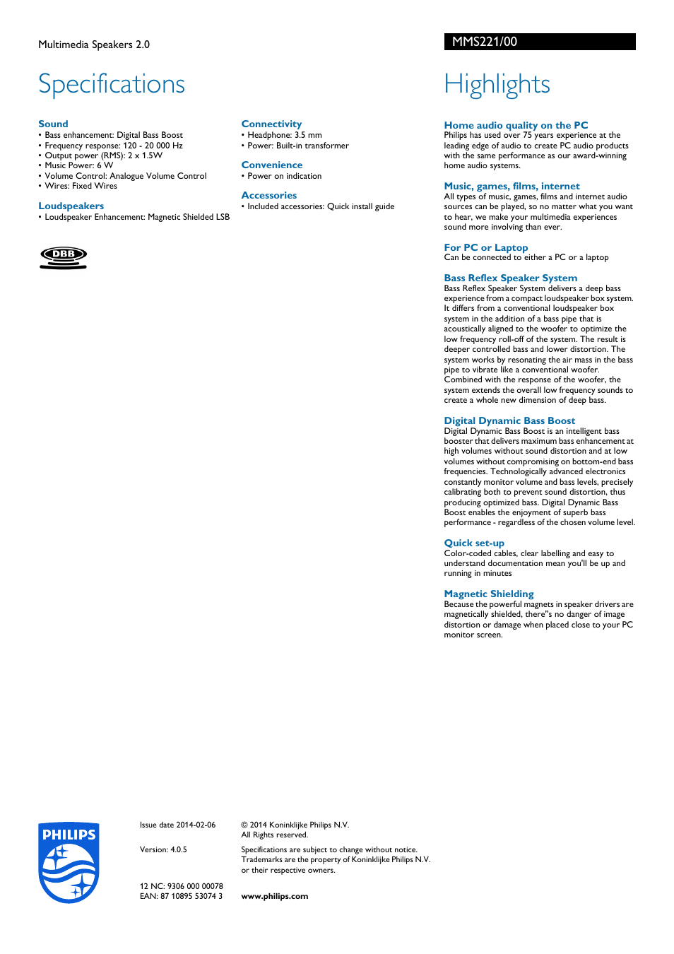Specifications, Highlights | Philips Altavoces multimedia 2.0 User Manual | Page 2 / 2