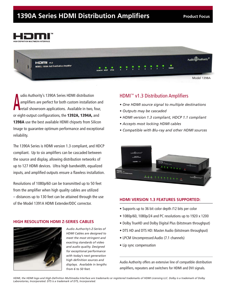 Audio Authority HDMI Distribution Amplifiers 1390A Series User Manual | 2 pages
