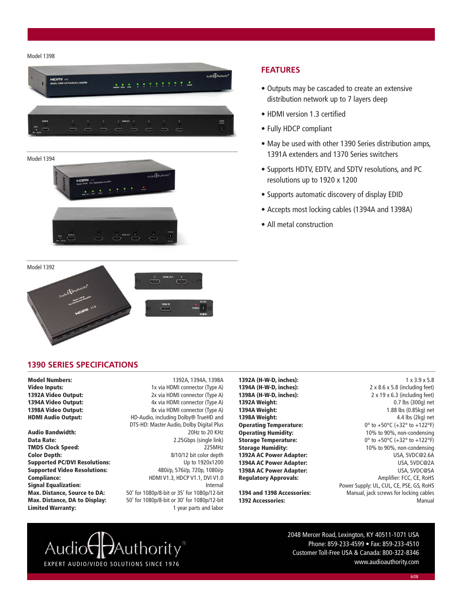 Features, 1390 series specifications | Audio Authority HDMI Distribution Amplifiers 1390A Series User Manual | Page 2 / 2