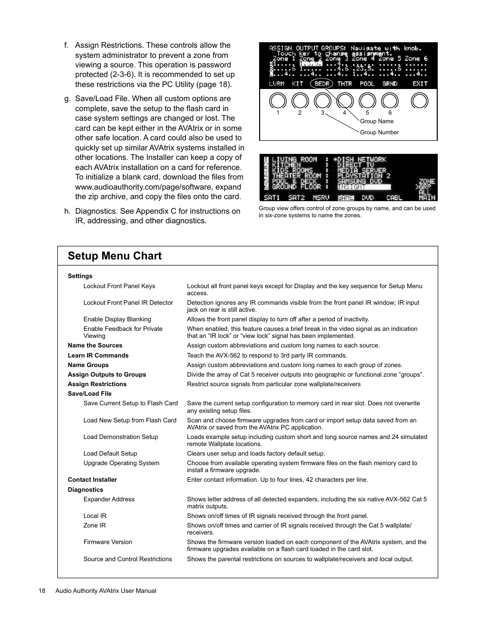 Setup menu chart | Audio Authority High Definition Cat 5 Matrix AVX-562 User Manual | Page 18 / 28