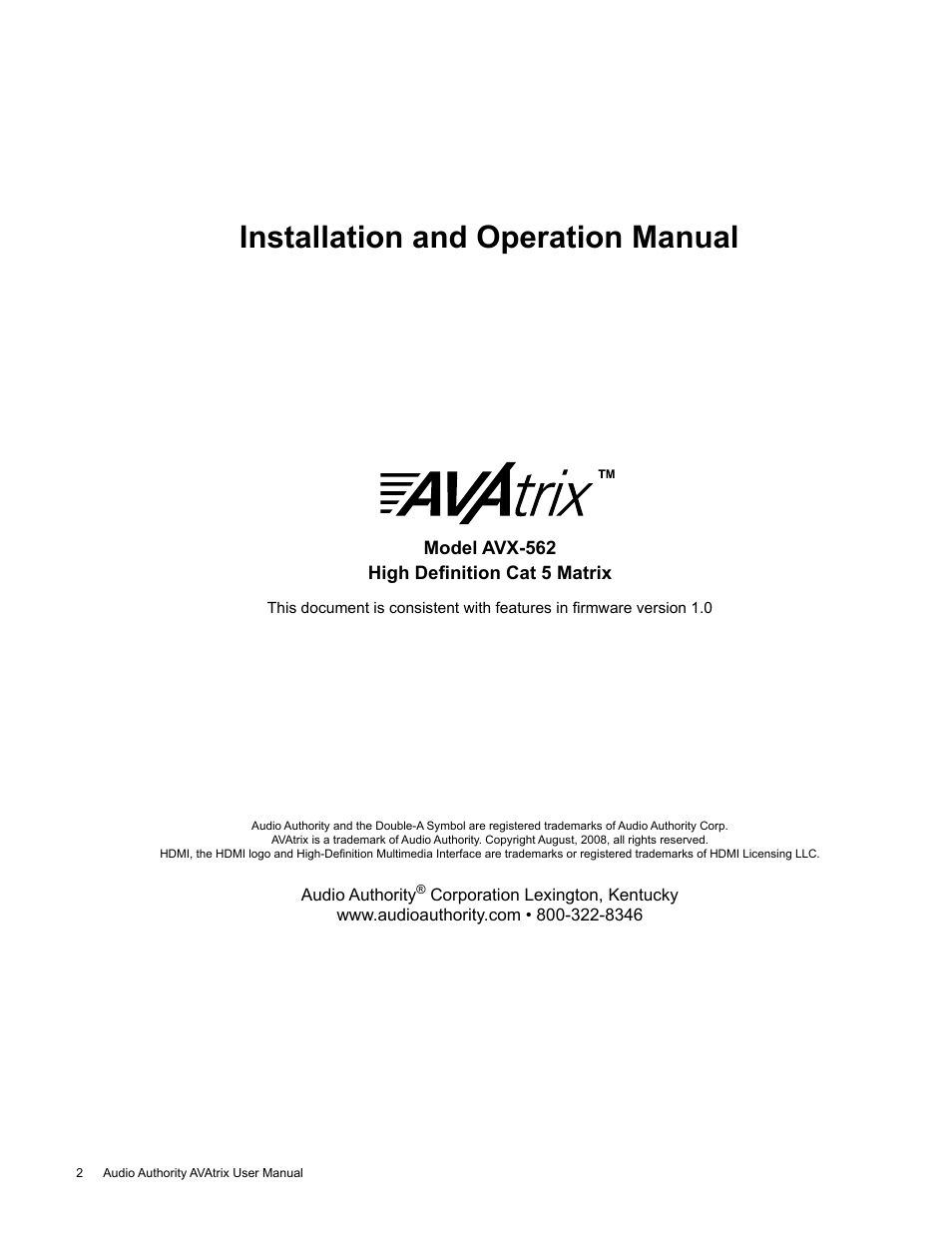 Installation and operation manual | Audio Authority High Definition Cat 5 Matrix AVX-562 User Manual | Page 2 / 28