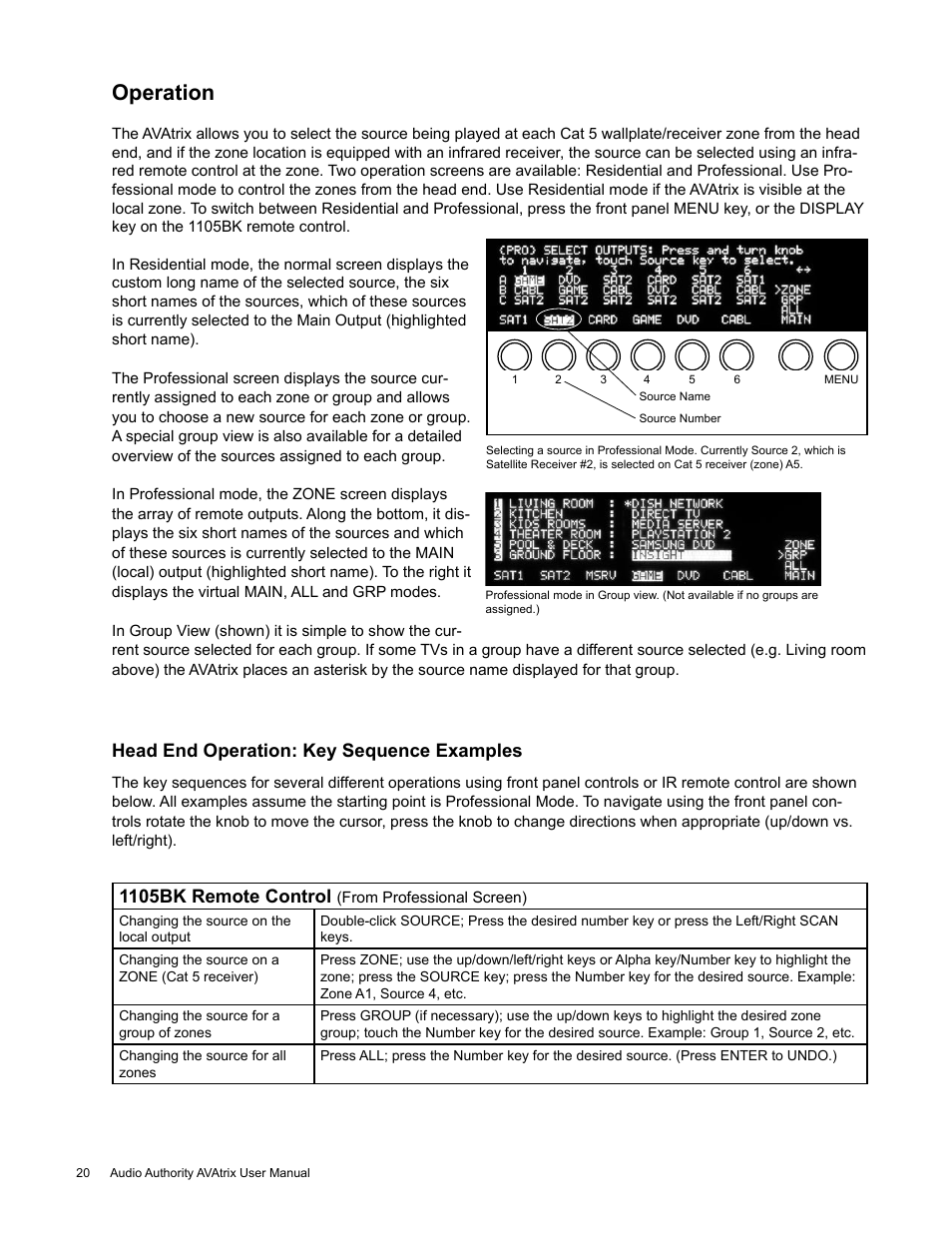 Operation, Head end operation: key sequence examples, 1105bk remote control | Audio Authority High Definition Cat 5 Matrix AVX-562 User Manual | Page 20 / 28