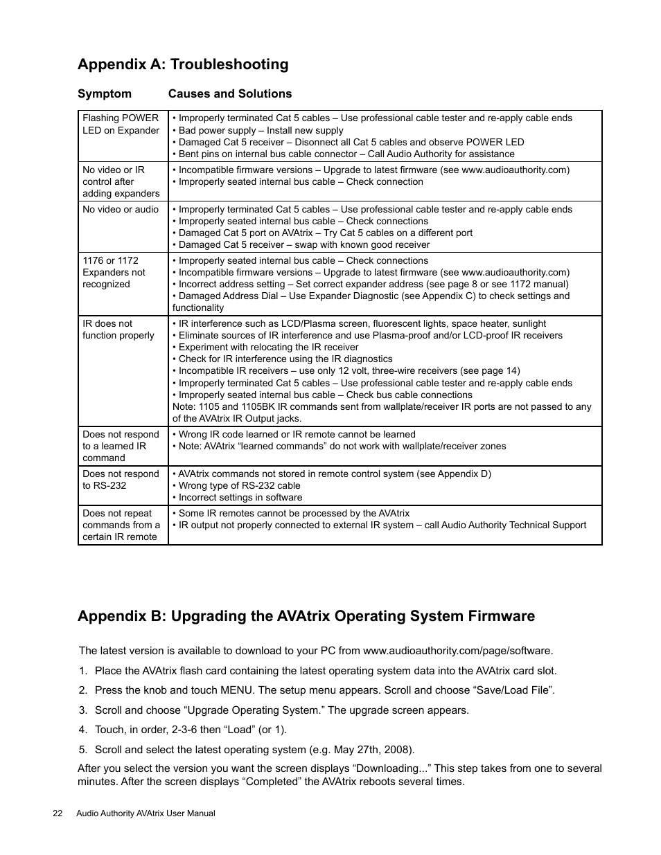 Appendix a: troubleshooting | Audio Authority High Definition Cat 5 Matrix AVX-562 User Manual | Page 22 / 28