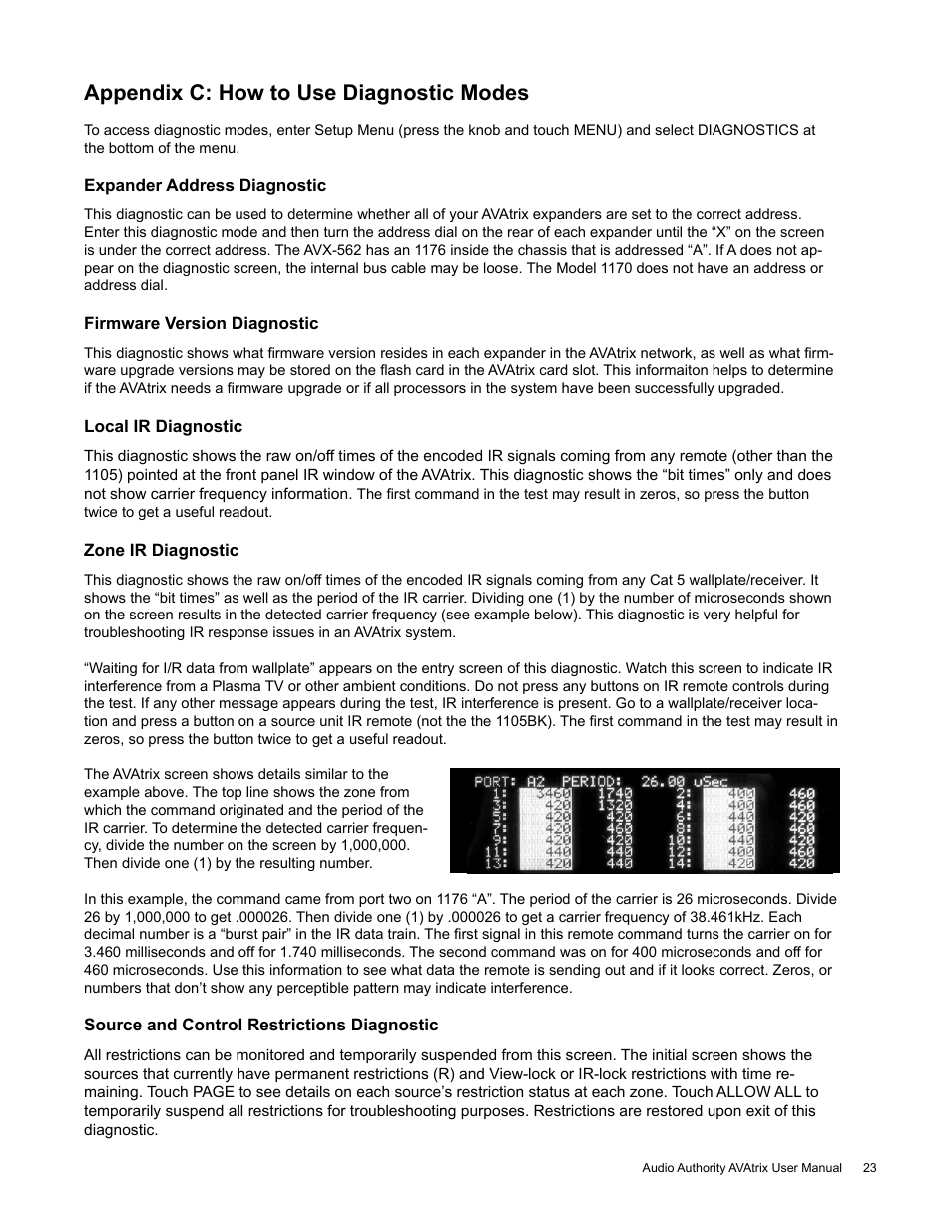 Appendix c: how to use diagnostic modes | Audio Authority High Definition Cat 5 Matrix AVX-562 User Manual | Page 23 / 28