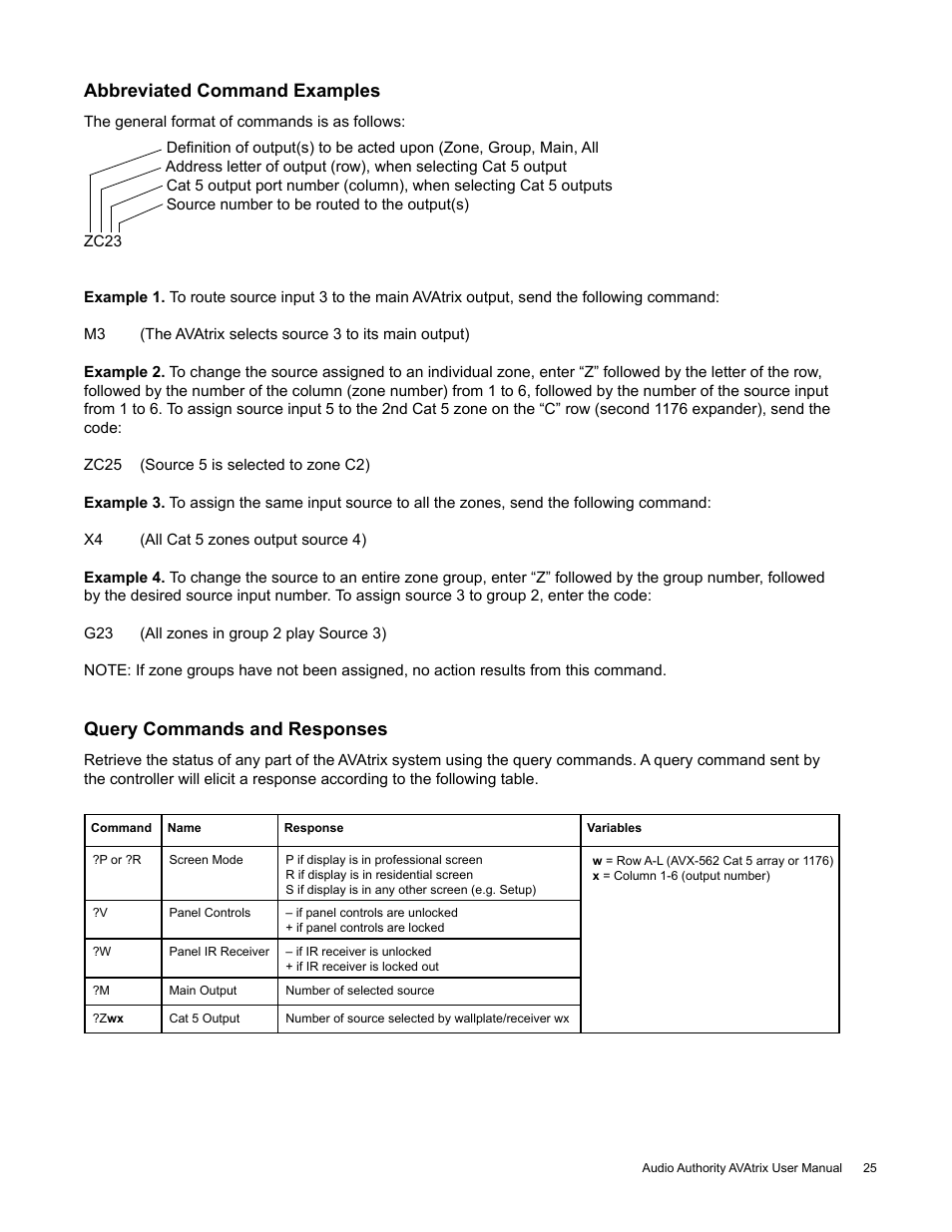 Abbreviated command examples, Query commands and responses | Audio Authority High Definition Cat 5 Matrix AVX-562 User Manual | Page 25 / 28