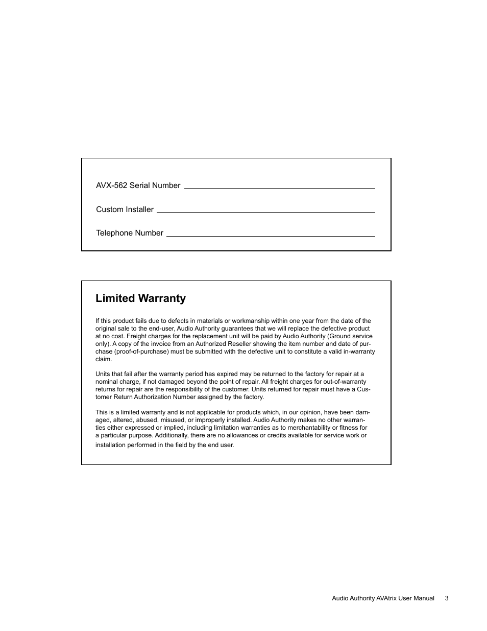 Limited warranty | Audio Authority High Definition Cat 5 Matrix AVX-562 User Manual | Page 3 / 28