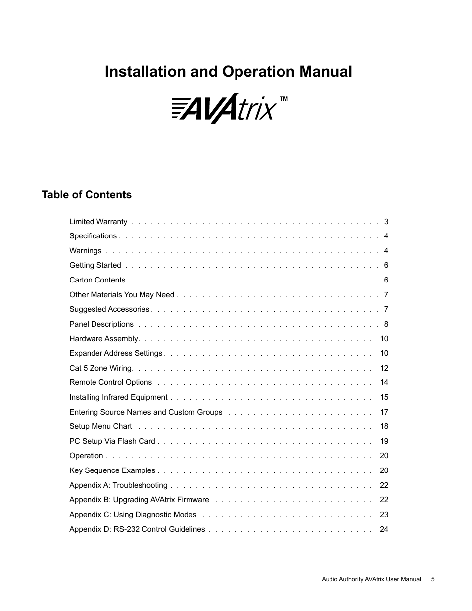 Audio Authority High Definition Cat 5 Matrix AVX-562 User Manual | Page 5 / 28