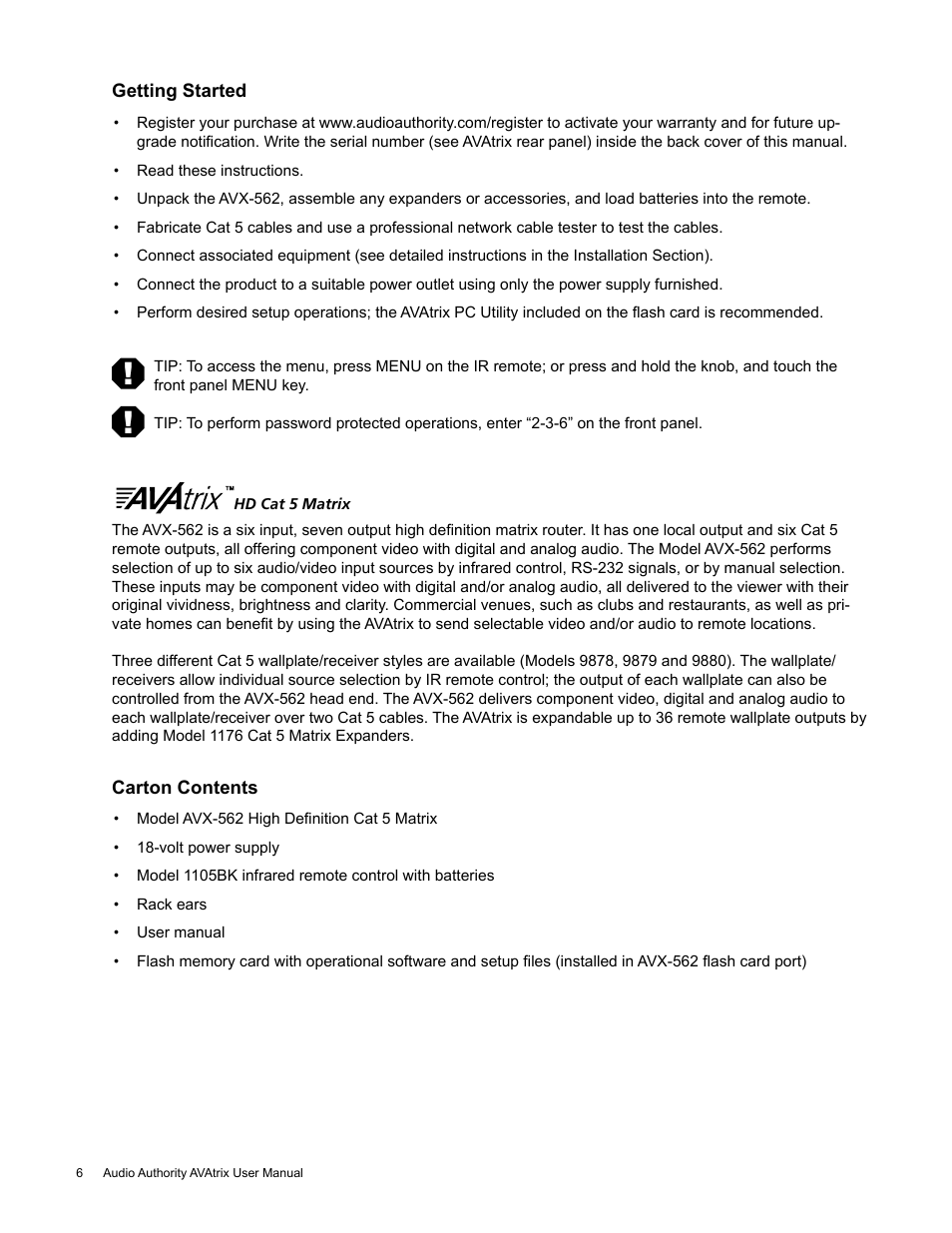 Audio Authority High Definition Cat 5 Matrix AVX-562 User Manual | Page 6 / 28