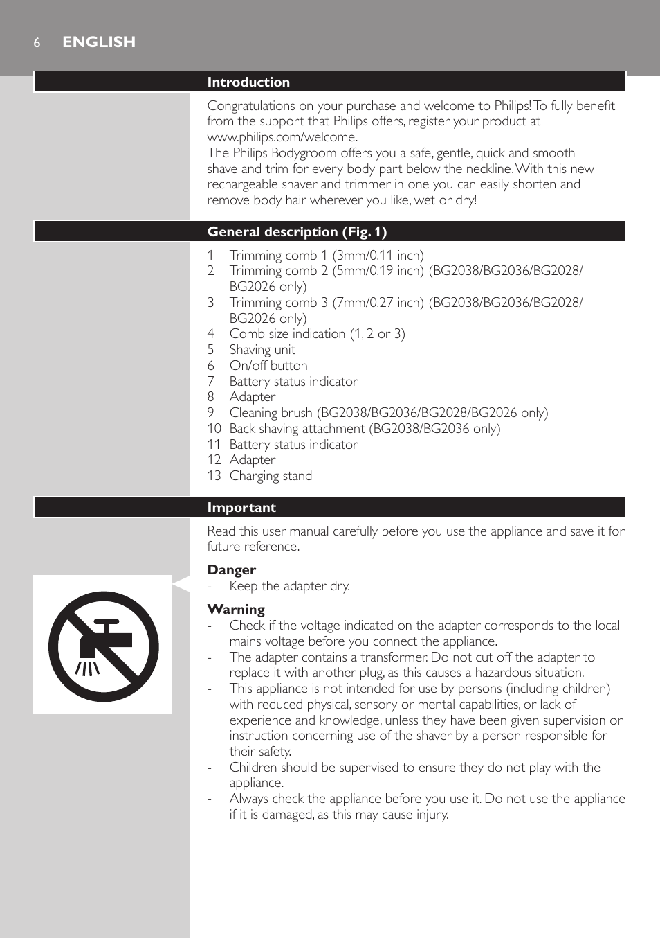 English | Philips BODYGROOM Series 3000 afeitadora corporal User Manual | Page 6 / 114
