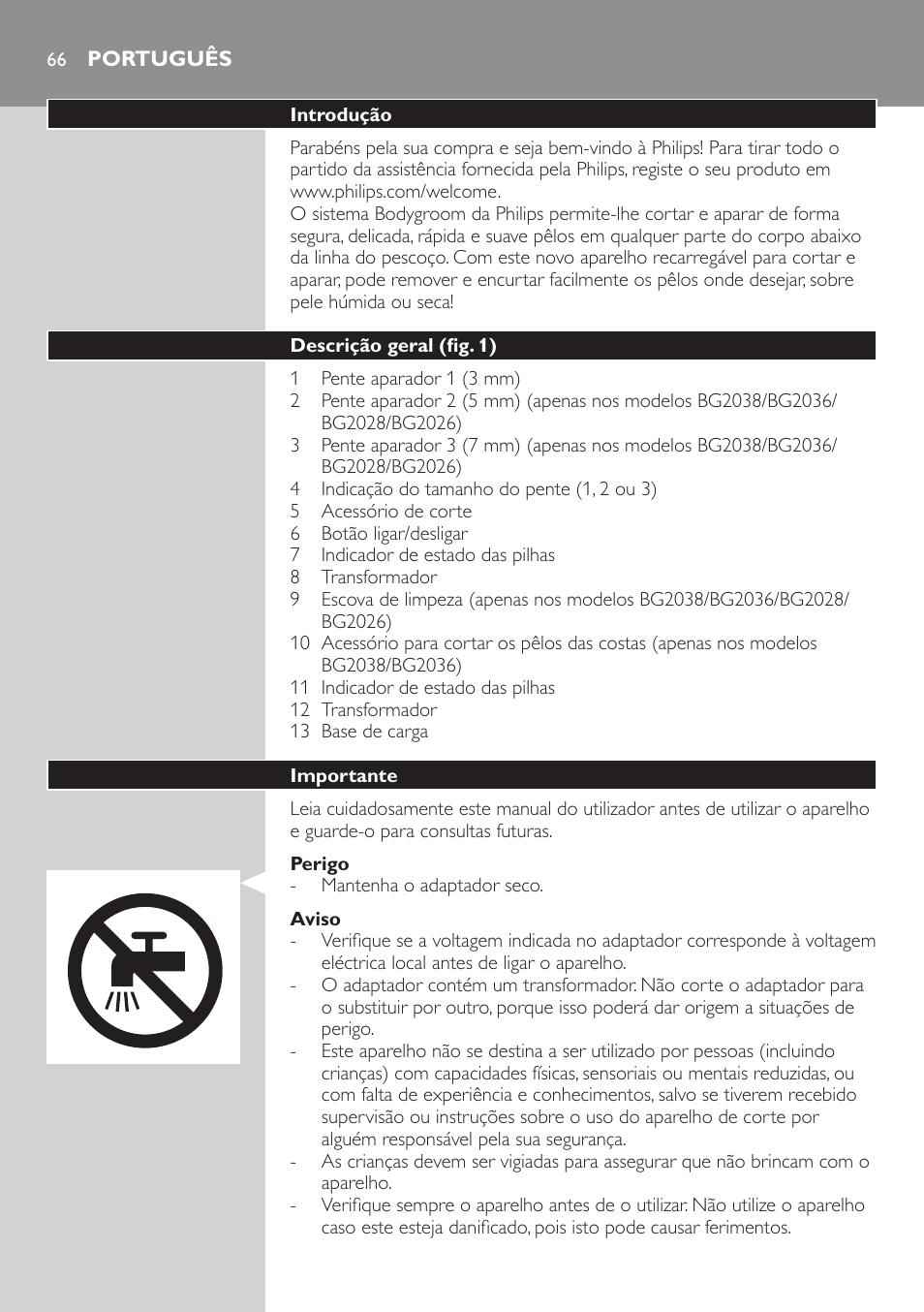 Português | Philips BODYGROOM Series 3000 afeitadora corporal User Manual | Page 66 / 114