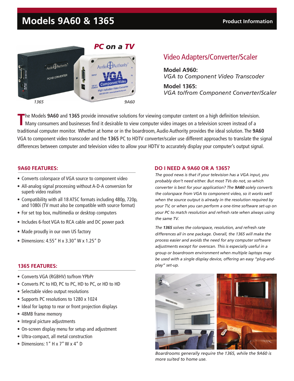Audio Authority VGA to Component Video Converter/Scaler 1365 User Manual | 2 pages