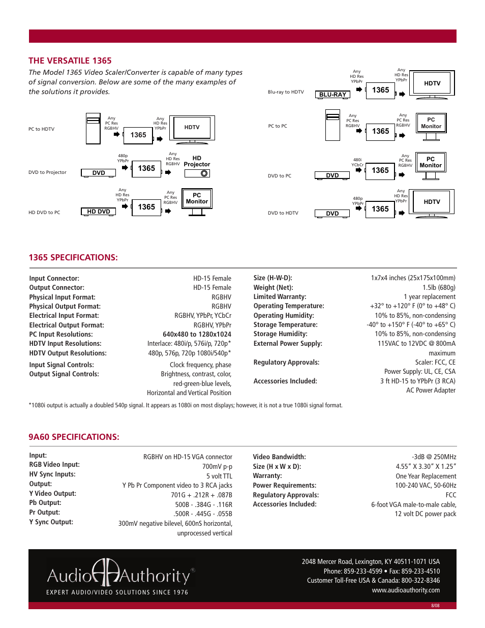 9a60 specifications, 1365 specifications, The versatile 1365 | Audio Authority VGA to Component Video Converter/Scaler 1365 User Manual | Page 2 / 2