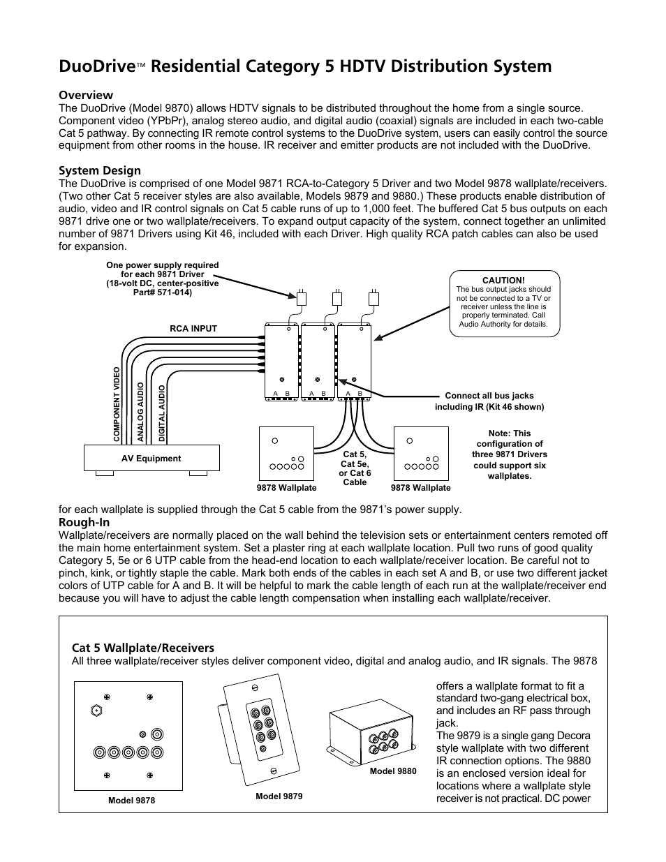 Duodrive, Residential category 5 hdtv distribution system, Overview | System design, Cat 5 wallplate/receivers, Rough-in | Audio Authority 9870 User Manual | Page 2 / 4