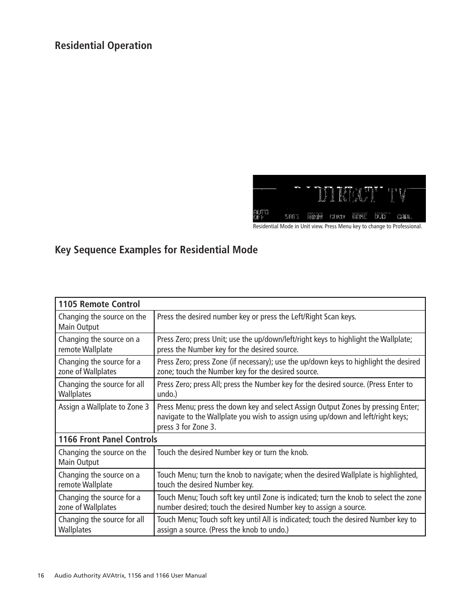 Residential operation, Key sequence examples for residential mode | Audio Authority 1156 User Manual | Page 16 / 24