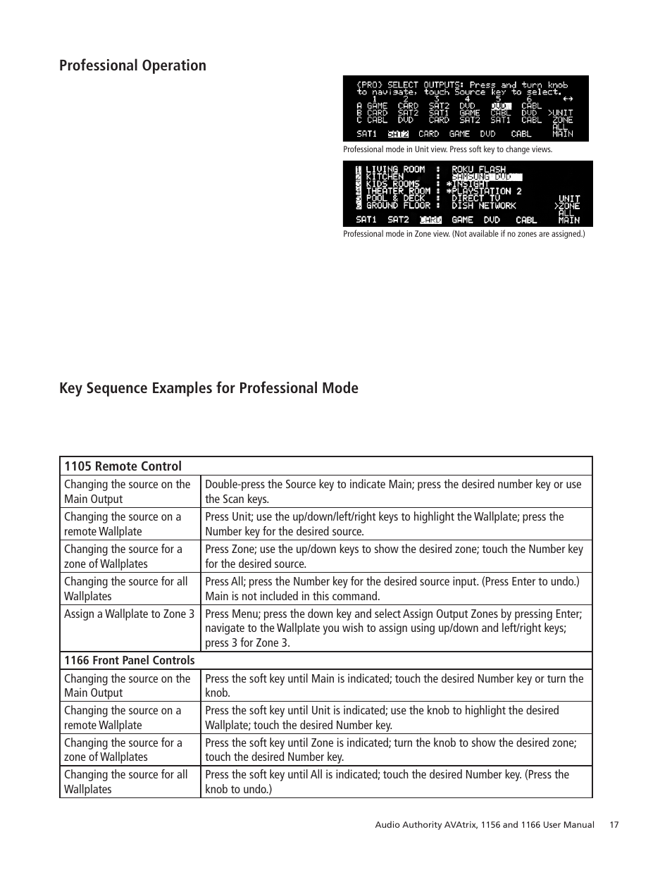 Professional operation, Key sequence examples for professional mode | Audio Authority 1156 User Manual | Page 17 / 24