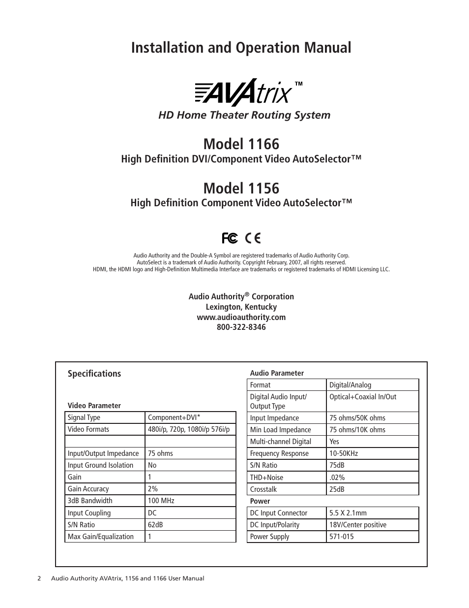 Installation and operation manual model 1166, Model 1156, High definition dvi/component video autoselector | High definition component video autoselector, Hd home theater routing system | Audio Authority 1156 User Manual | Page 2 / 24