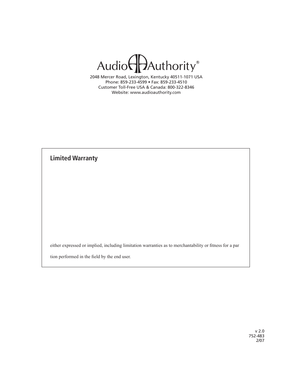 Limited warranty | Audio Authority 1156 User Manual | Page 24 / 24