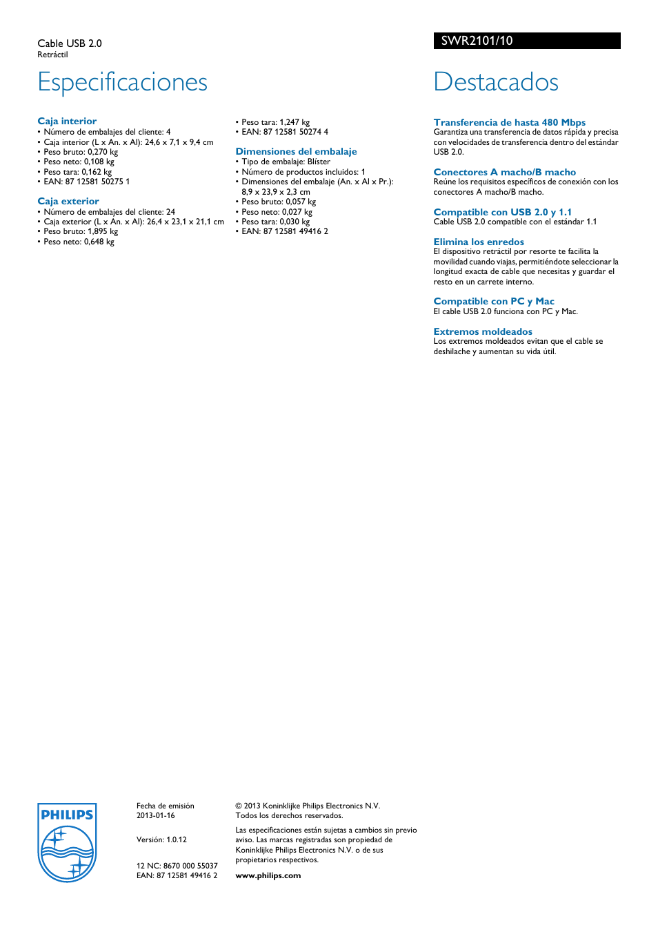 Especificaciones, Destacados | Philips Cable USB 2.0 User Manual | Page 2 / 2