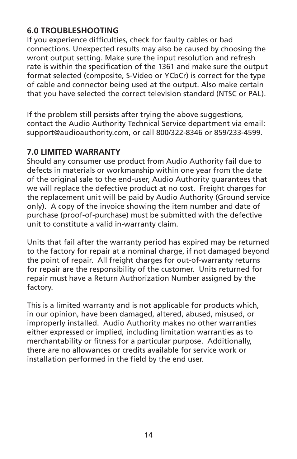 Audio Authority 1361 User Manual | Page 14 / 16