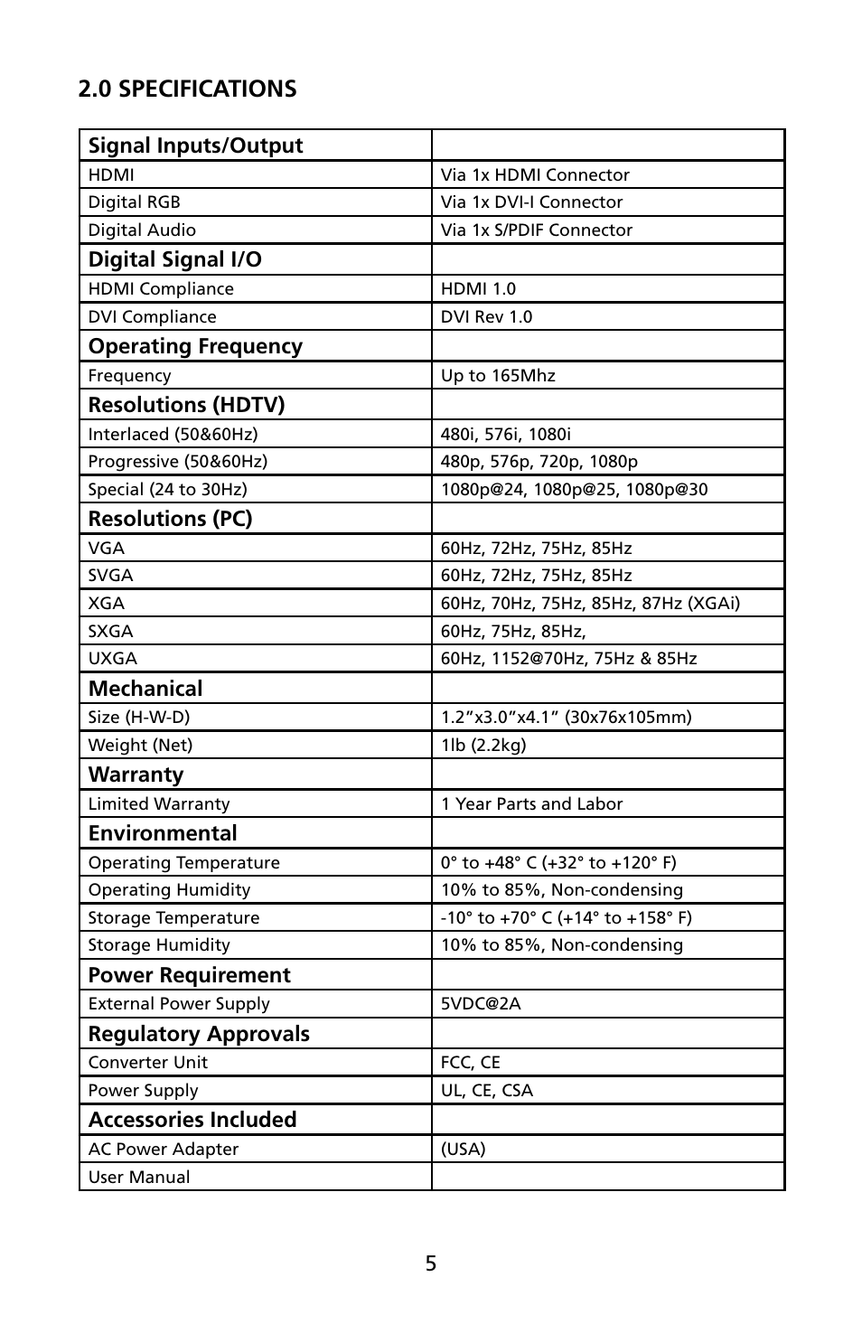 0 specifications, Signal inputs/output, Digital signal i/o | Operating frequency, Resolutions (hdtv), Resolutions (pc), Mechanical, Warranty, Environmental, Power requirement | Audio Authority 1311 User Manual | Page 5 / 12
