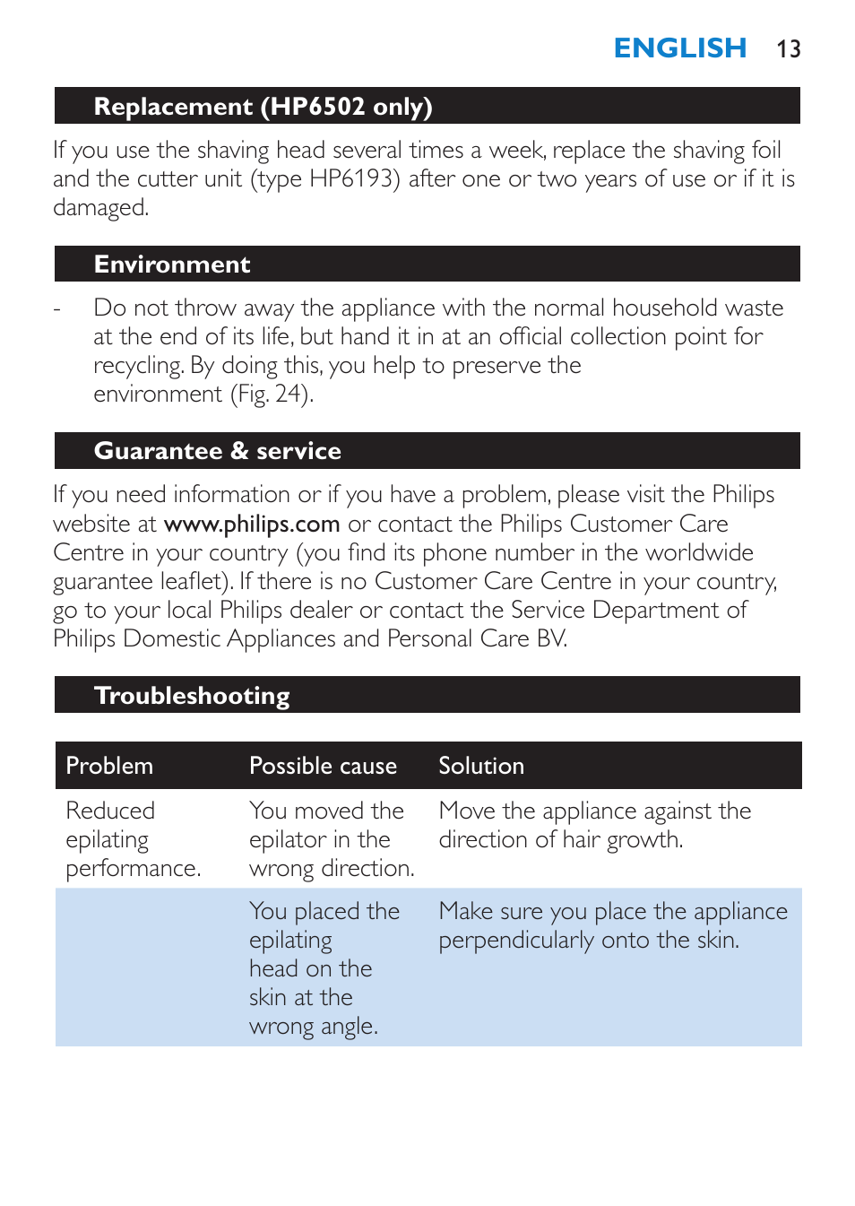 Replacement (hp6502 only), Environment, Guarantee & service | Troubleshooting | Philips Satinelle Depiladora User Manual | Page 13 / 120