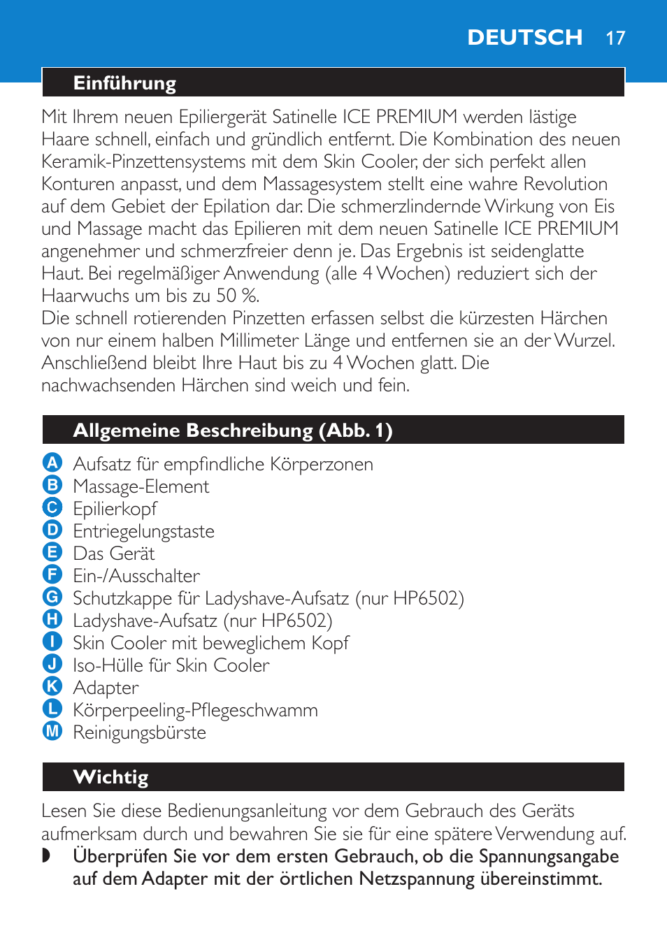 Deutsch, Einführung, Allgemeine beschreibung (abb. 1) | Wichtig | Philips Satinelle Depiladora User Manual | Page 17 / 120