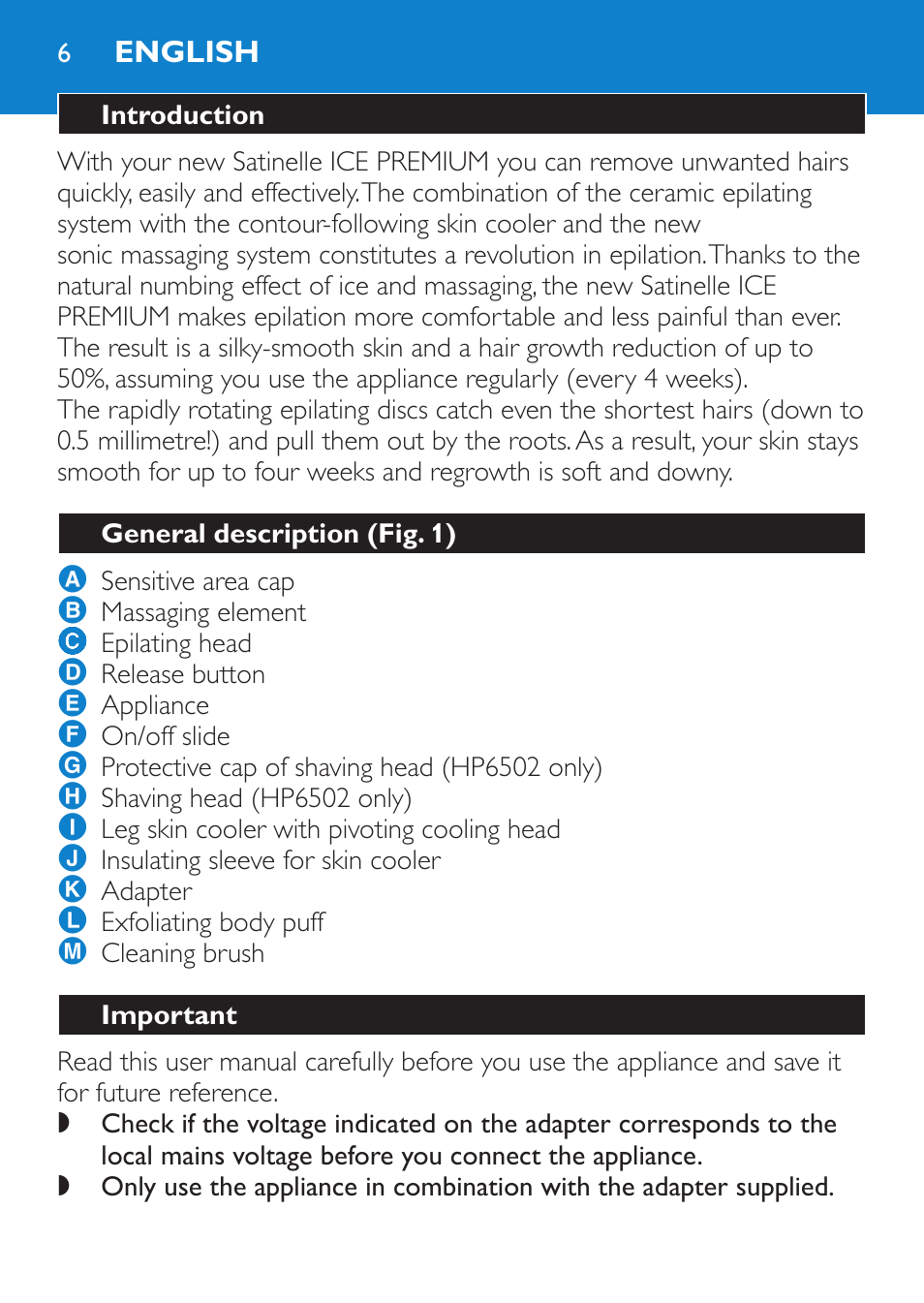 English, Introduction, General description (fig. 1) | Important | Philips Satinelle Depiladora User Manual | Page 6 / 120