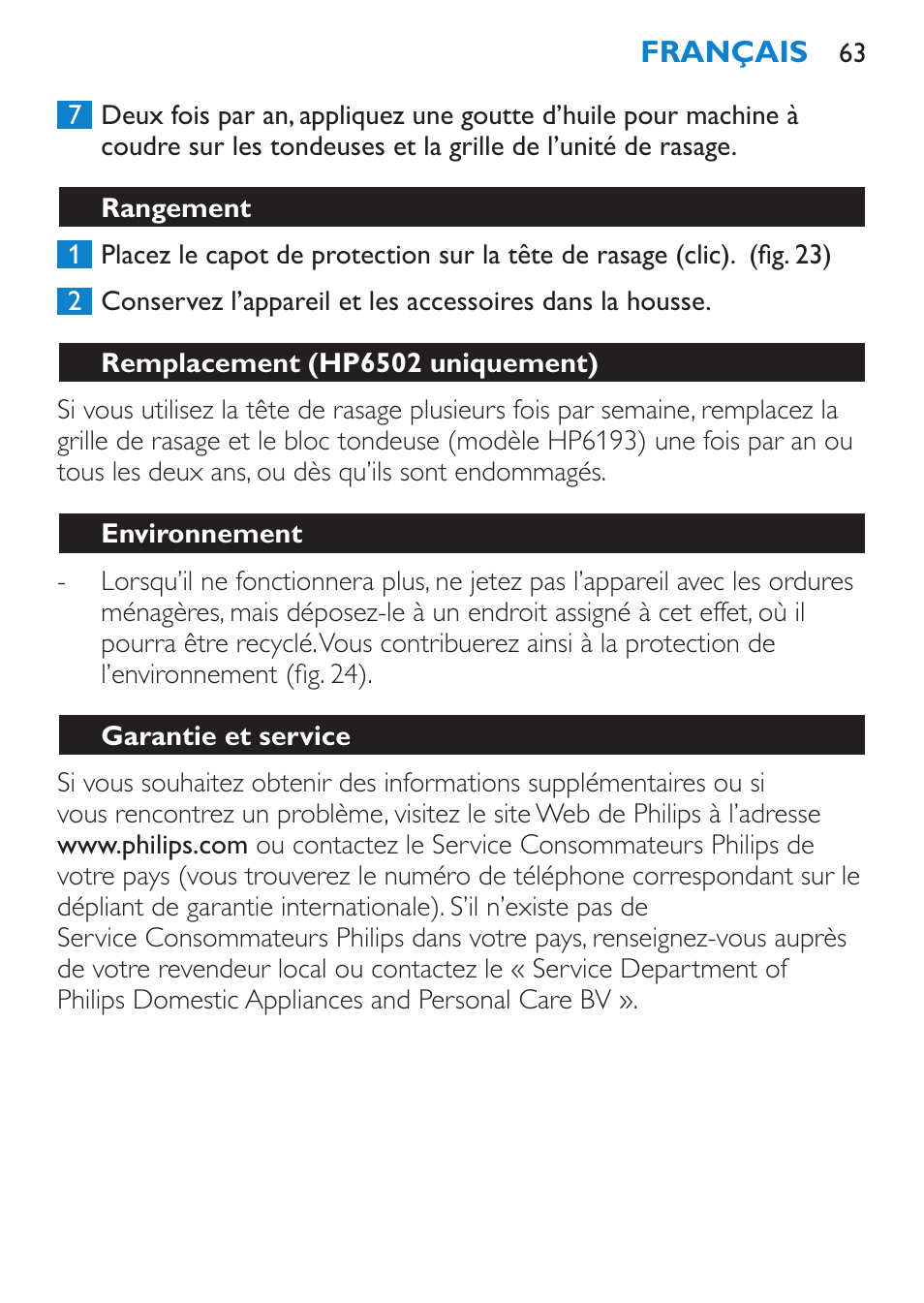 Rangement, Remplacement (hp6502 uniquement), Environnement | Garantie et service | Philips Satinelle Depiladora User Manual | Page 63 / 120