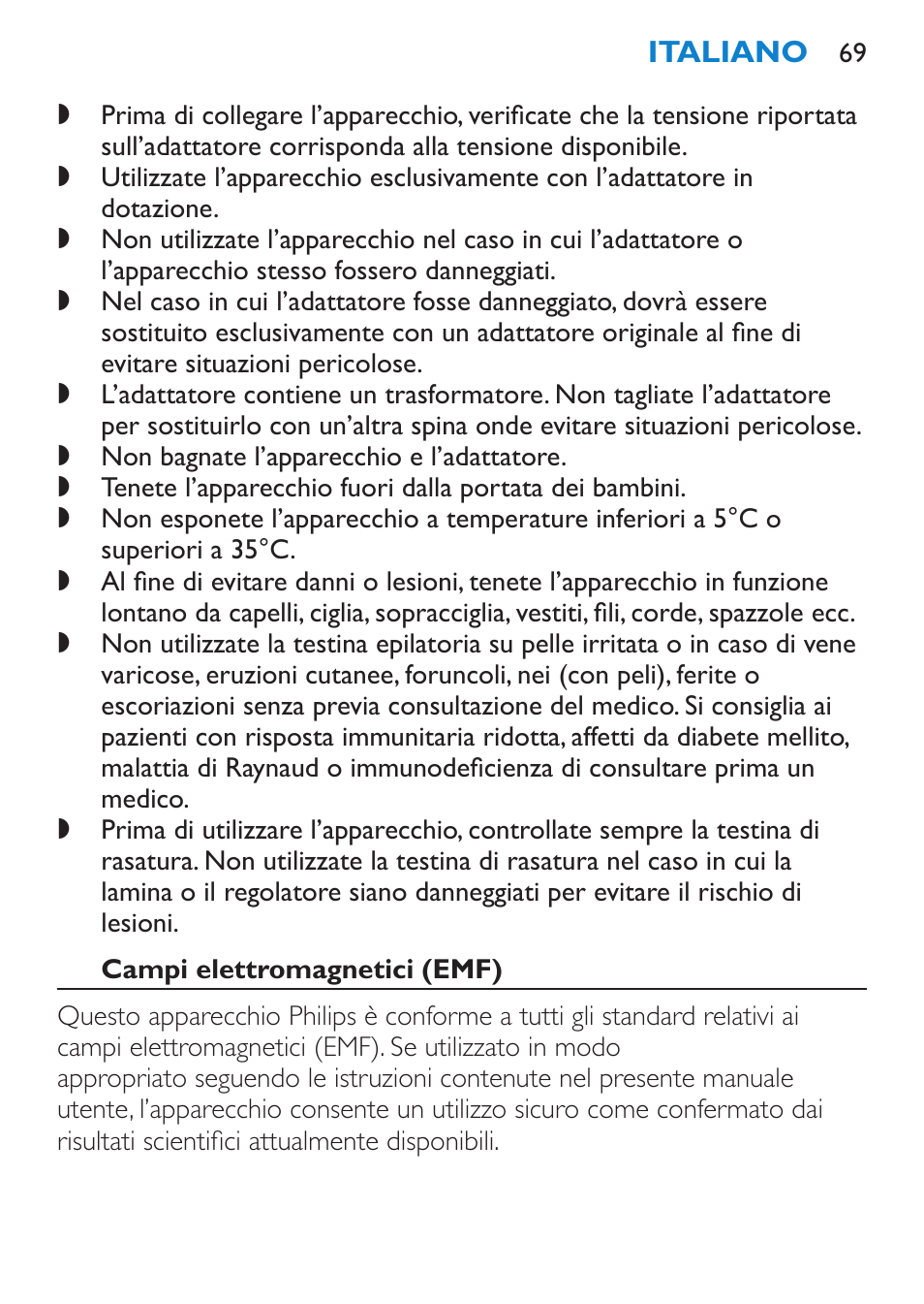 Campi elettromagnetici (emf) | Philips Satinelle Depiladora User Manual | Page 69 / 120