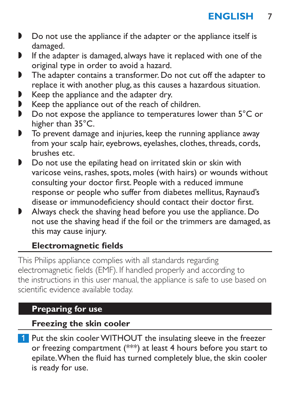 Electromagnetic fields, Preparing for use, Freezing the skin cooler | Philips Satinelle Depiladora User Manual | Page 7 / 120