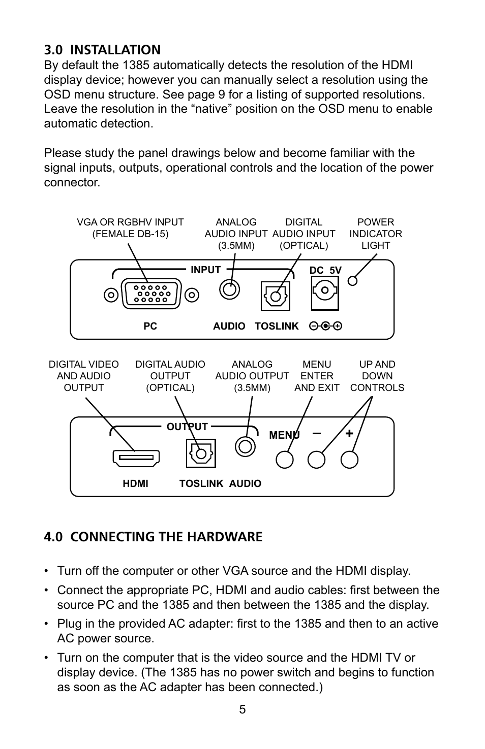Vga to, Model 1385 converter/scaler, 0 installation | 0 connecting the hardware | Audio Authority 1385 User Manual | Page 5 / 12