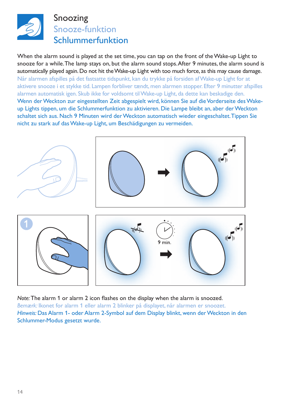 Snoozing snooze-funktion schlummerfunktion | Philips Wake-up Light User Manual | Page 14 / 76