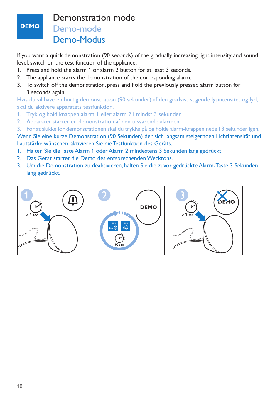 Demonstration mode demo-mode demo-modus | Philips Wake-up Light User Manual | Page 18 / 76