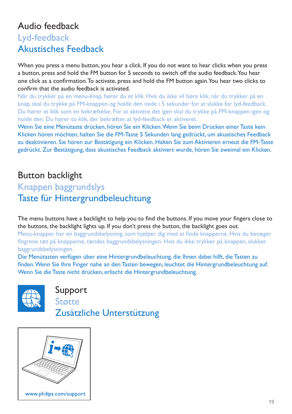 Audio feedback lyd-feedback akustisches feedback, Support støtte zusätzliche unterstützung | Philips Wake-up Light User Manual | Page 19 / 76