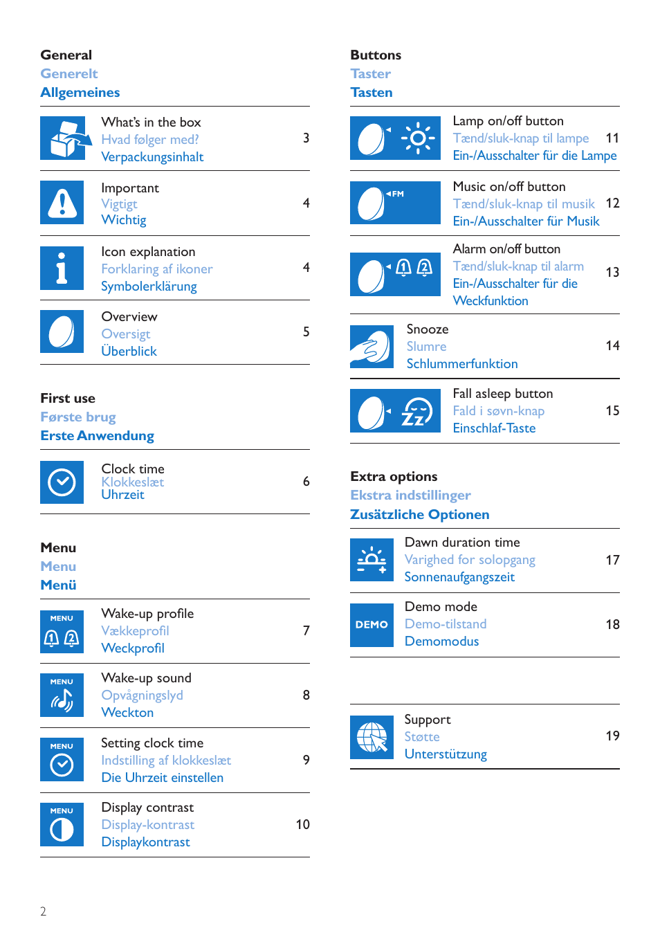 User manual, Brugervejledning, Bedienungsanleitung | Philips Wake-up Light User Manual | Page 2 / 76