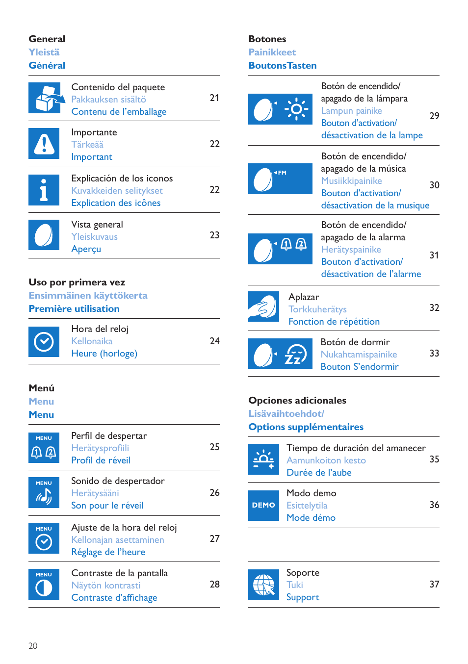 Manual del usuario, Käyttöopas, Mode d’emploi | Philips Wake-up Light User Manual | Page 20 / 76