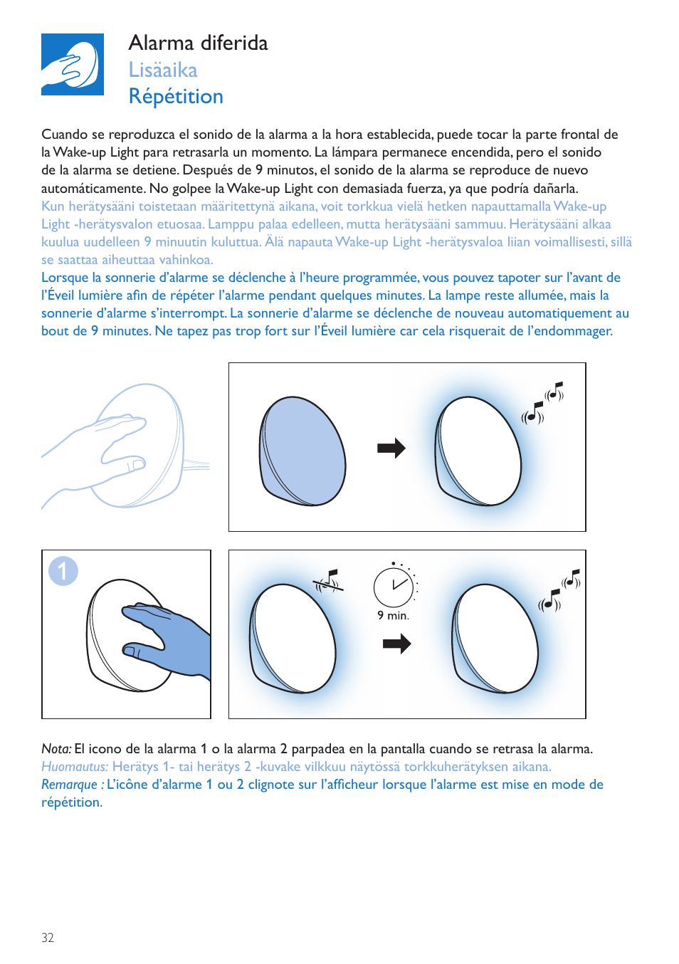 Alarma diferida lisäaika répétition | Philips Wake-up Light User Manual | Page 32 / 76