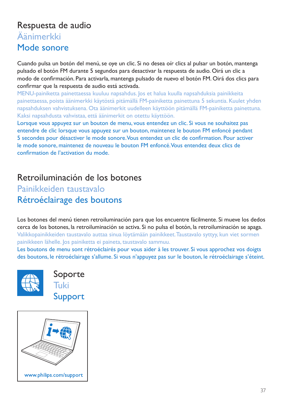 Respuesta de audio äänimerkki mode sonore, Soporte tuki support | Philips Wake-up Light User Manual | Page 37 / 76