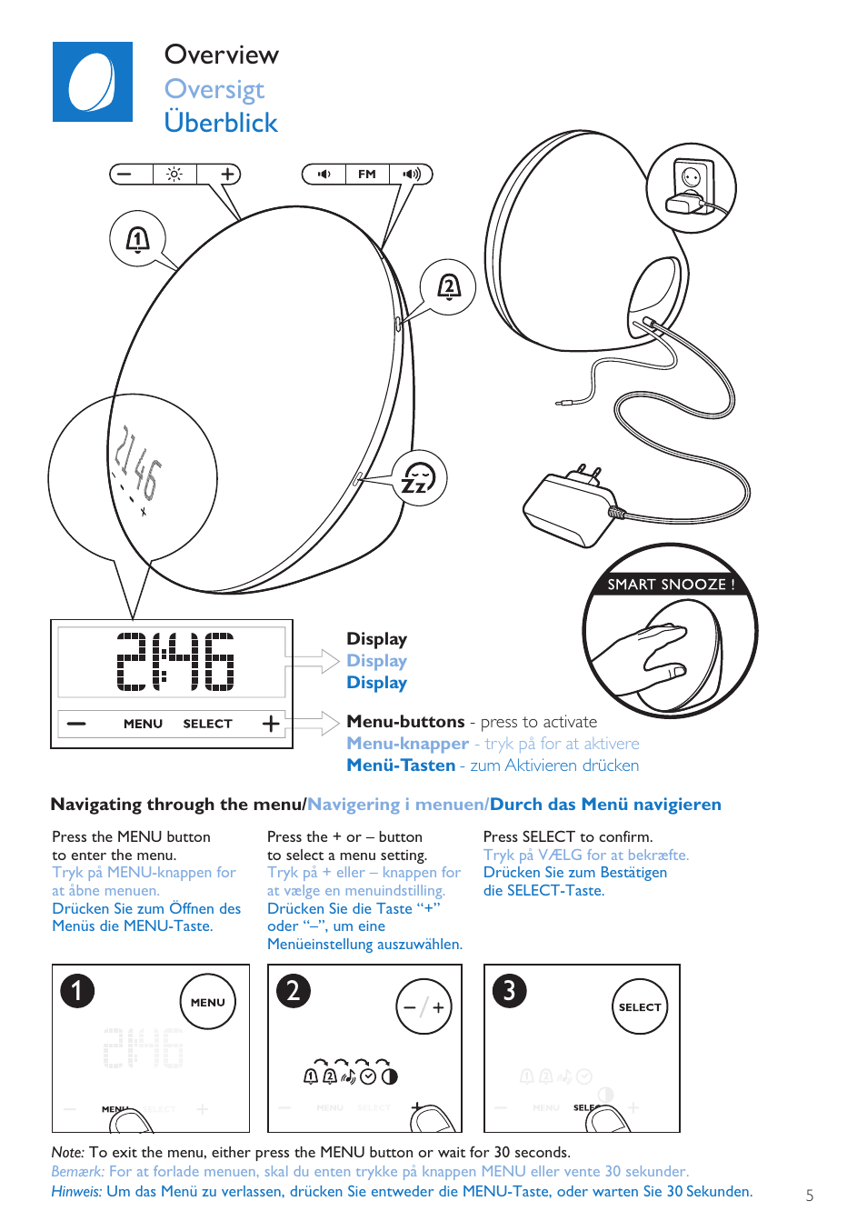 Overview oversigt überblick | Philips Wake-up Light User Manual | Page 5 / 76